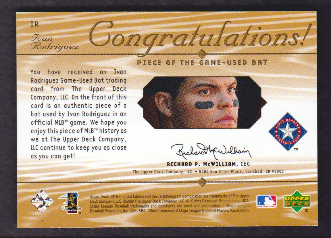 2001 SP Game Bat Edition Piece of the Game #IR Ivan Rodriguez back image