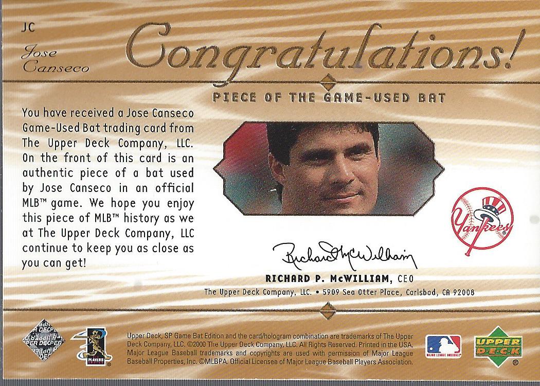 2001 SP Game Bat Edition Piece of the Game #JC Jose Canseco back image