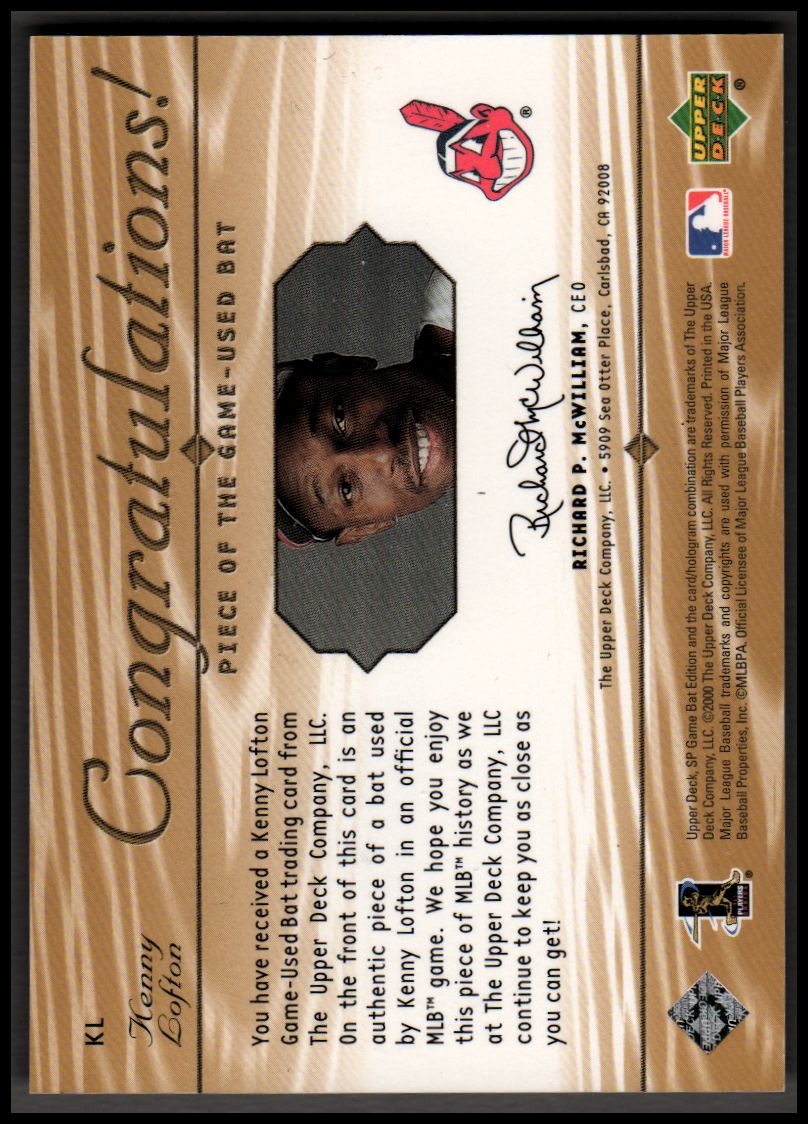2001 SP Game Bat Edition Piece of the Game #KL Kenny Lofton back image
