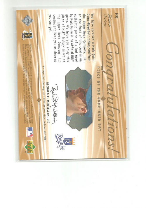 2001 SP Game Bat Edition Piece of the Game #MQ Mark Quinn SP back image