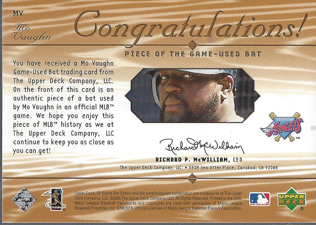 2001 SP Game Bat Edition Piece of the Game #MV Mo Vaughn back image