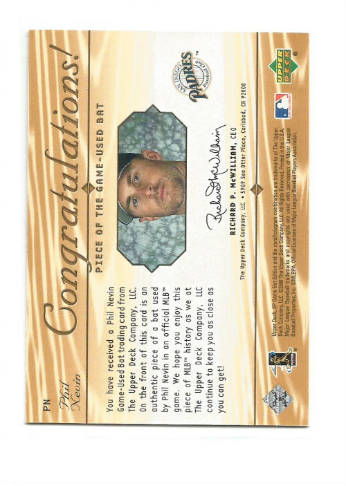 2001 SP Game Bat Edition Piece of the Game #PN Phil Nevin SP back image