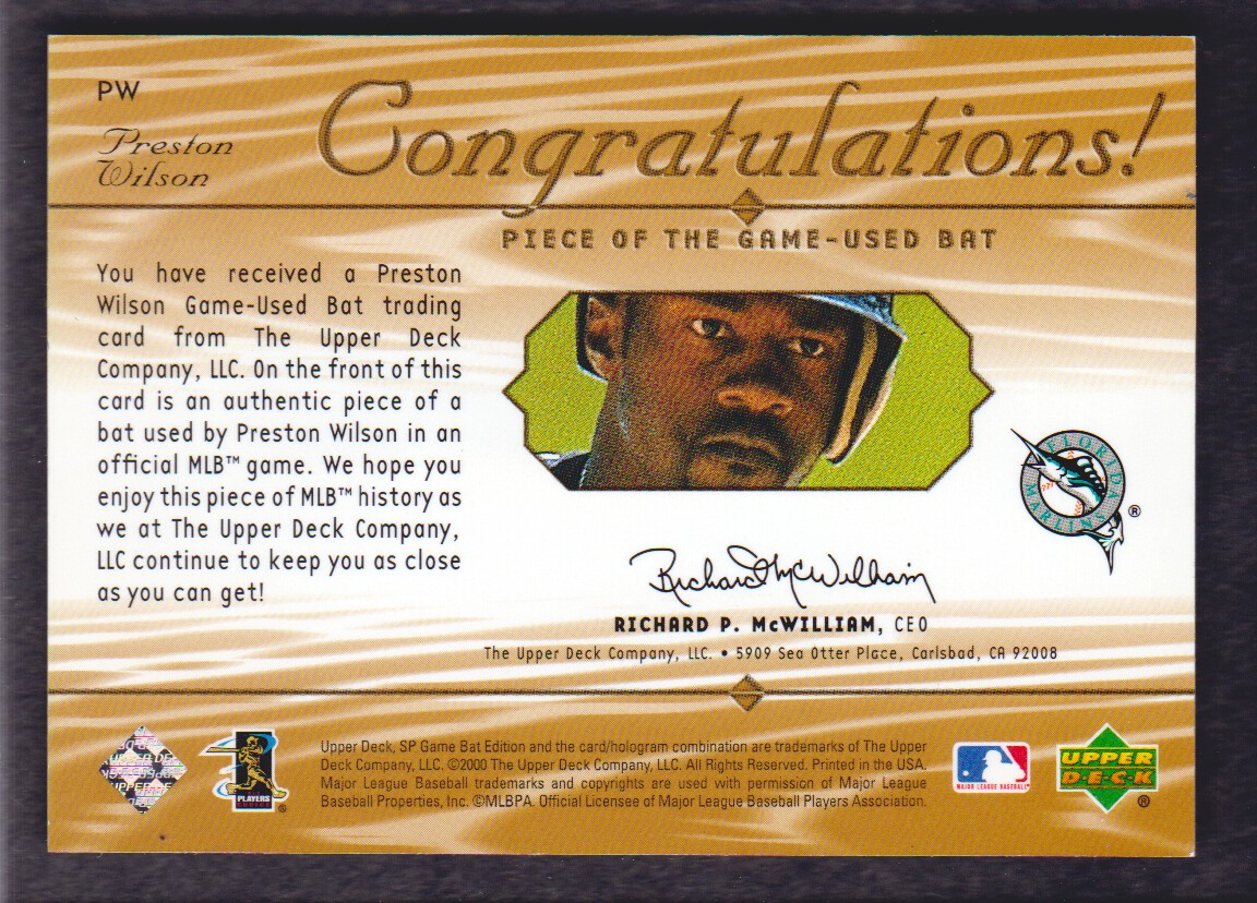 2001 SP Game Bat Edition Piece of the Game #PW Preston Wilson back image