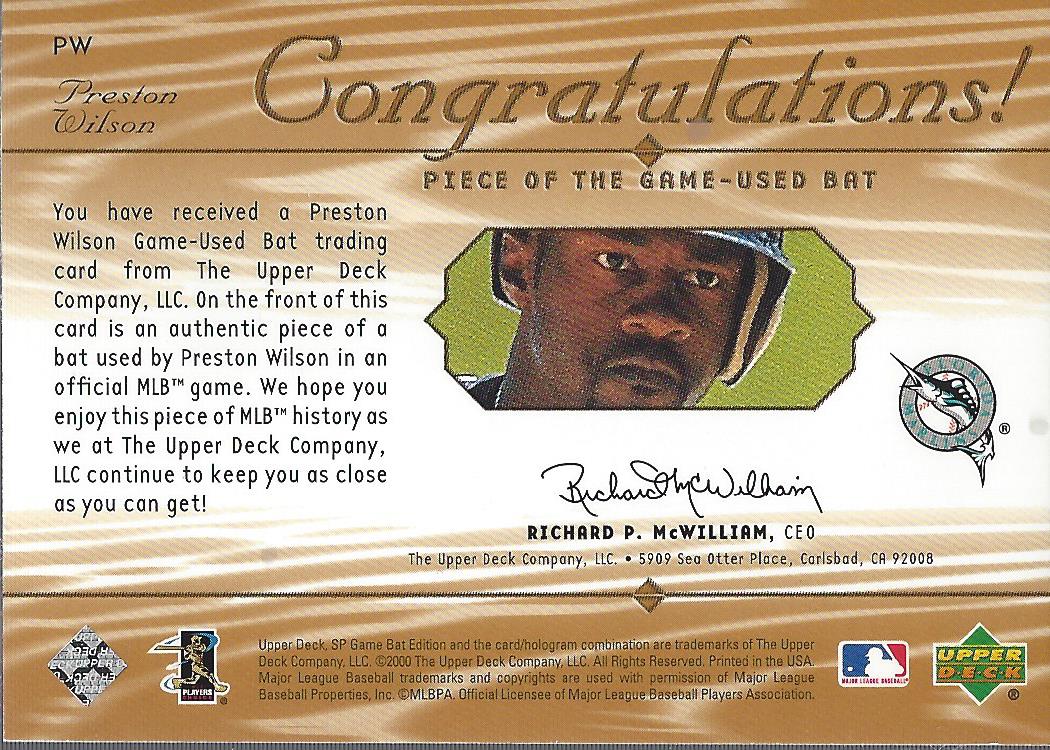 2001 SP Game Bat Edition Piece of the Game #PW Preston Wilson back image