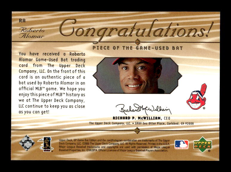 2001 SP Game Bat Edition Piece of the Game #RA Roberto Alomar back image
