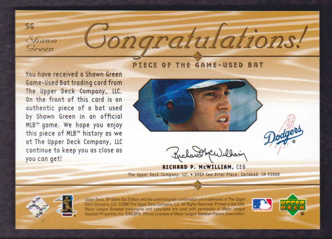 2001 SP Game Bat Edition Piece of the Game #SG Shawn Green back image