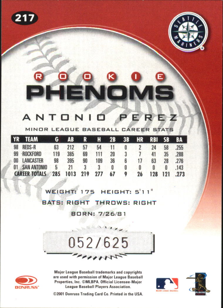 2001 Donruss Class of 2001 Rookie Autographs #217 Antonio Perez PH/100* back image
