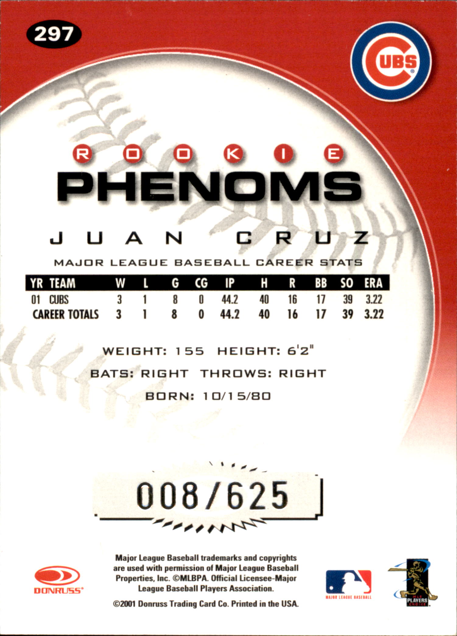 2001 Donruss Class of 2001 Rookie Autographs #297 Juan Cruz PH/100* back image