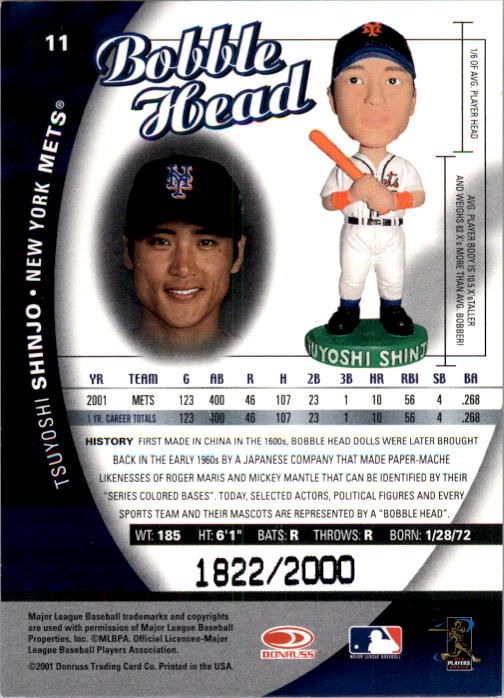 2001 Donruss Class of 2001 BobbleHead Cards #11 Tsuyoshi Shinjo back image