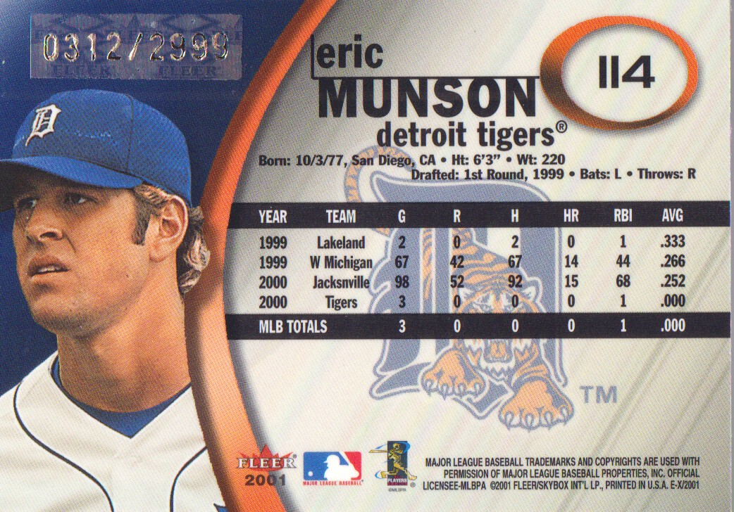 2001 E-X Prospect Autographs #114 Eric Munson/1500 back image