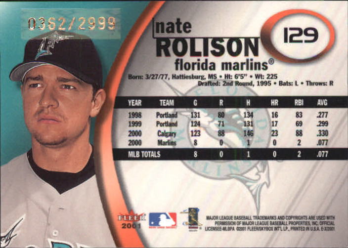 2001 E-X Prospect Autographs #129 Nate Rolison/500 back image