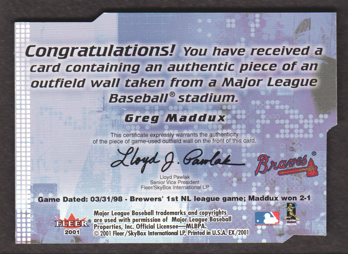 2001 E-X Wall of Fame #18 Greg Maddux back image