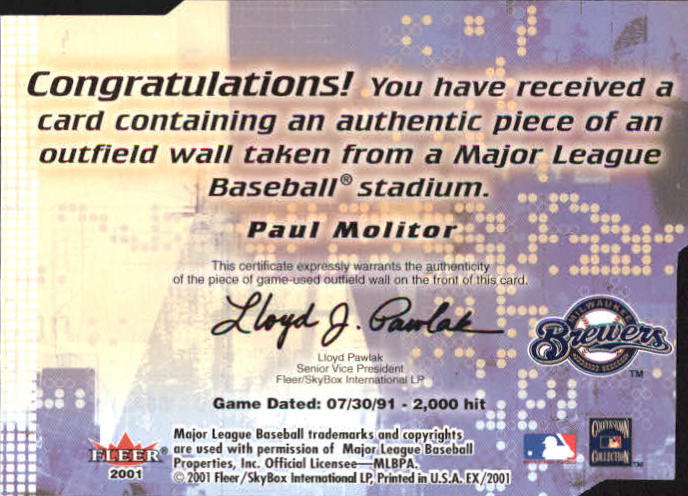 2001 E-X Wall of Fame #21 Paul Molitor back image