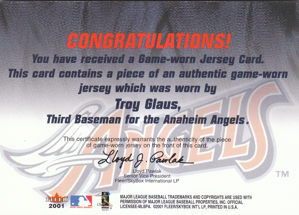 2001 Fleer Genuine Material Issue #TG1 Troy Glaus back image