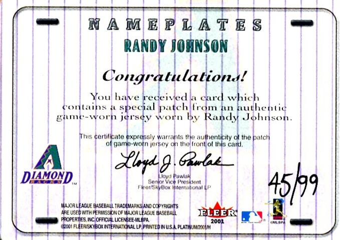 2001 Fleer Platinum Nameplates #14 Randy Johnson/99 back image