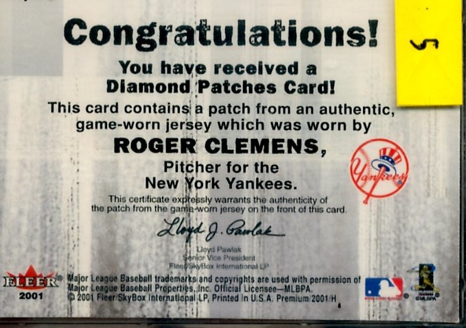 2001 Fleer Premium Diamond Patches #DD5 Roger Clemens back image