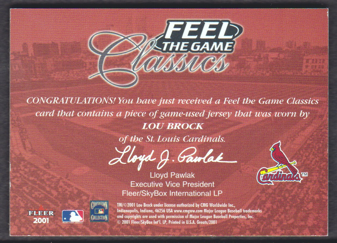 2001 Greats of the Game Feel the Game Classics #3 Lou Brock Jsy back image