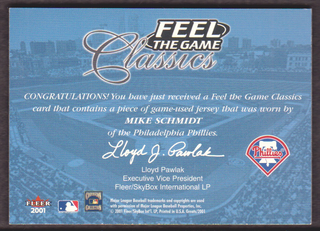 2001 Greats of the Game Feel the Game Classics #19 Mike Schmidt Jsy back image