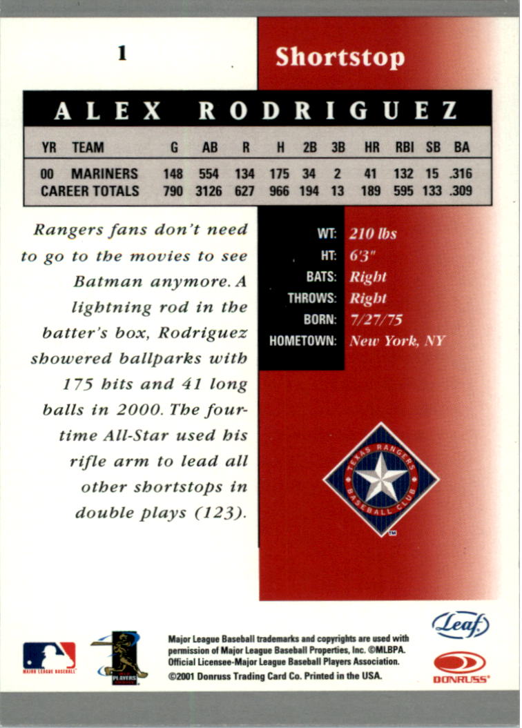 2001 Leaf Certified Materials #1 Alex Rodriguez back image