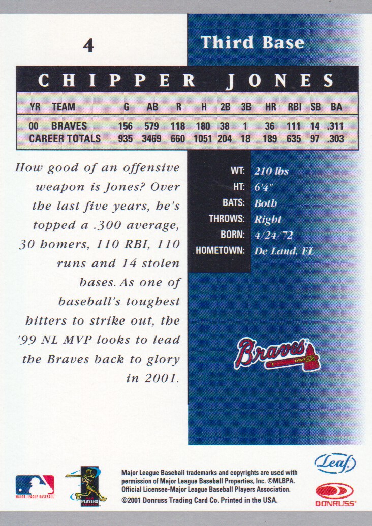2001 Leaf Certified Materials #4 Chipper Jones back image