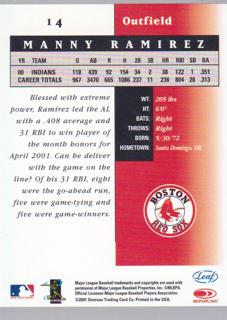 2001 Leaf Certified Materials #14 Manny Ramirez Sox back image