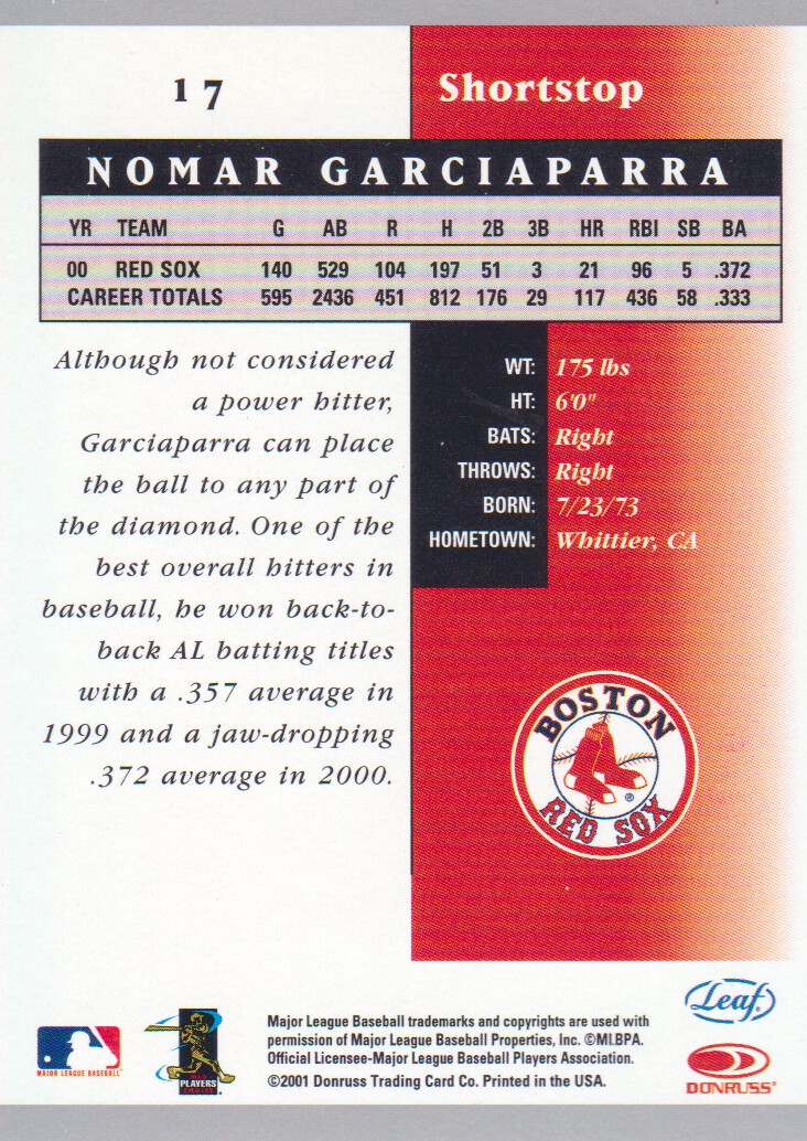 2001 Leaf Certified Materials #17 Nomar Garciaparra back image