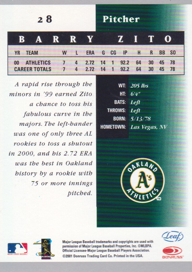 2001 Leaf Certified Materials #28 Barry Zito back image