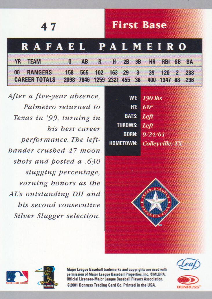 2001 Leaf Certified Materials #47 Rafael Palmeiro back image