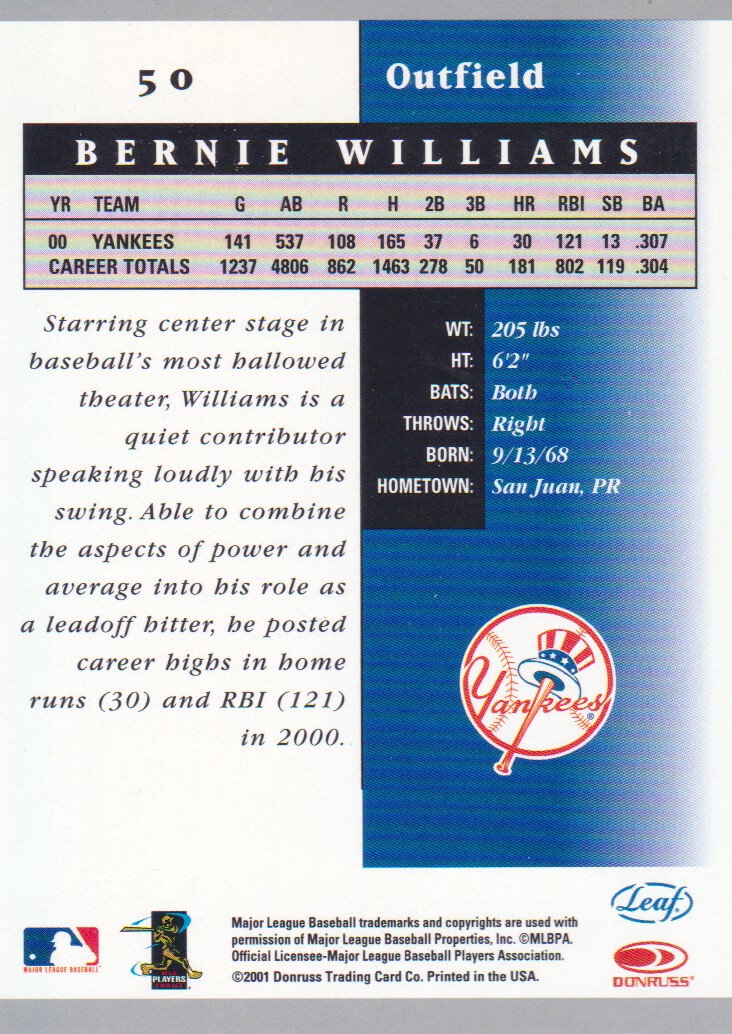2001 Leaf Certified Materials #50 Bernie Williams back image