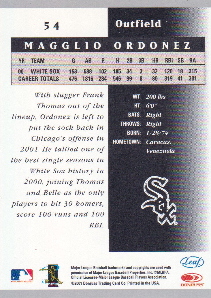 2001 Leaf Certified Materials #54 Magglio Ordonez back image