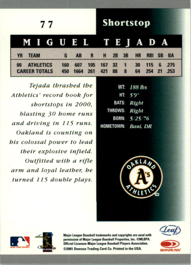 2001 Leaf Certified Materials #77 Miguel Tejada back image