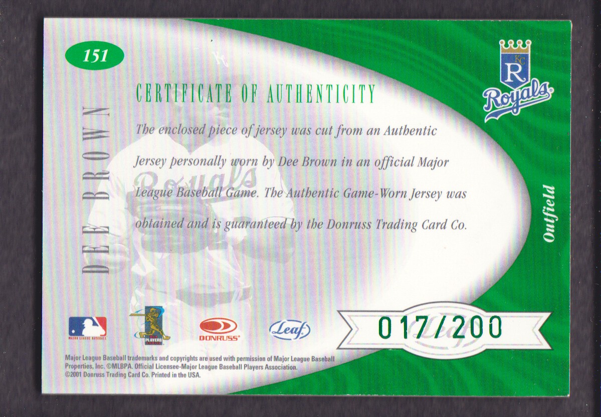 2001 Leaf Certified Materials #151 Dee Brown FF Jsy back image