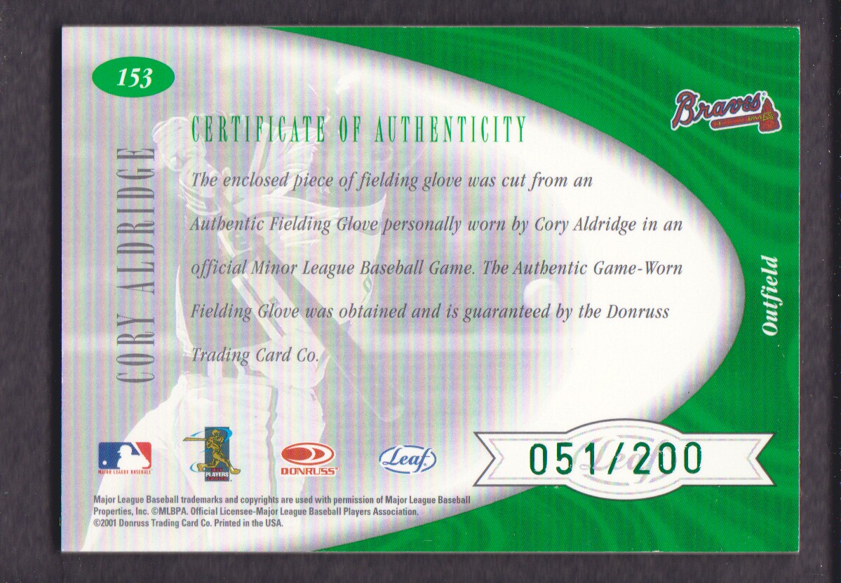 2001 Leaf Certified Materials #153 Cory Aldridge FF RC back image