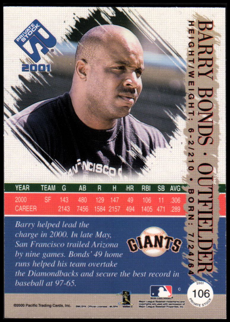 2001 Private Stock Silver Portraits #106 Barry Bonds back image