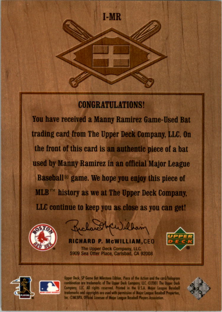 2001 SP Game Bat Milestone Piece of Action International #IMR Manny Ramirez Sox back image
