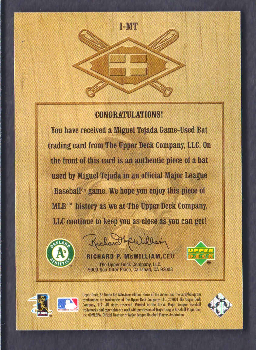 2001 SP Game Bat Milestone Piece of Action International #IMT Miguel Tejada back image