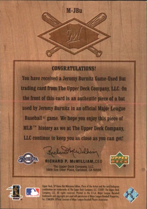 2001 SP Game Bat Milestone Piece of Action Milestone #JBU Jeromy Burnitz back image