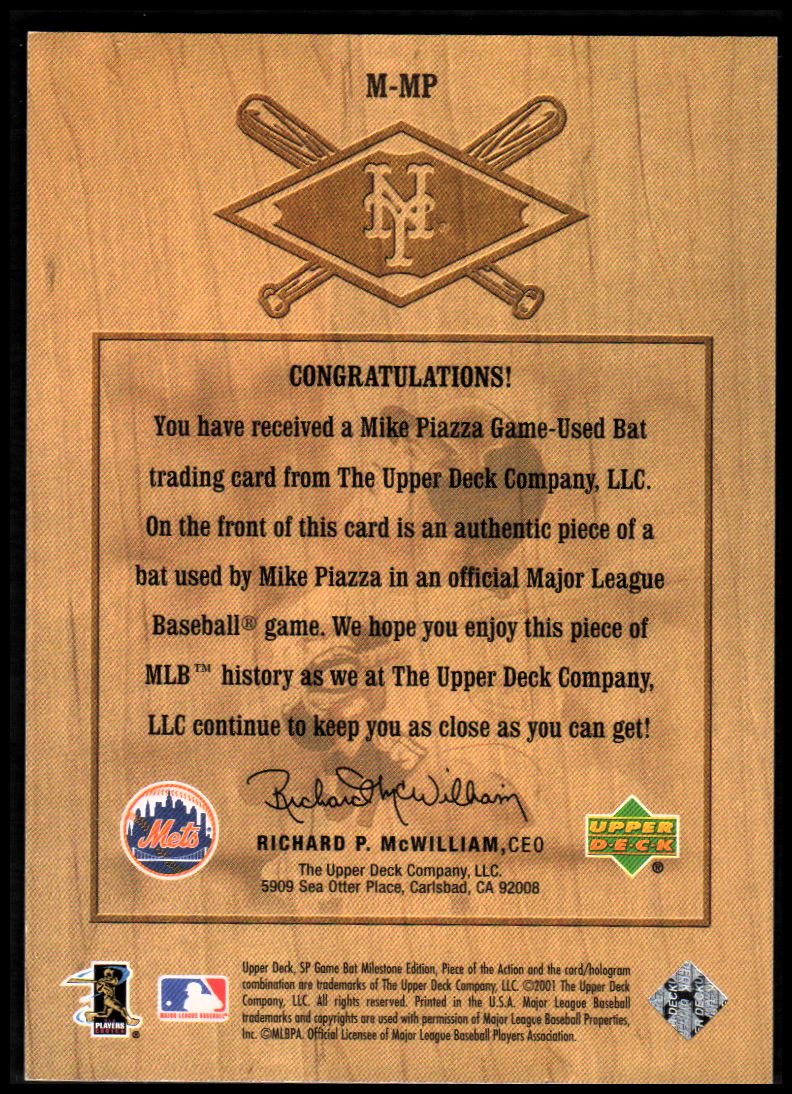 2001 SP Game Bat Milestone Piece of Action Milestone #MP Mike Piazza back image
