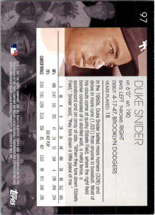 2001 Topps American Pie #97 Duke Snider back image