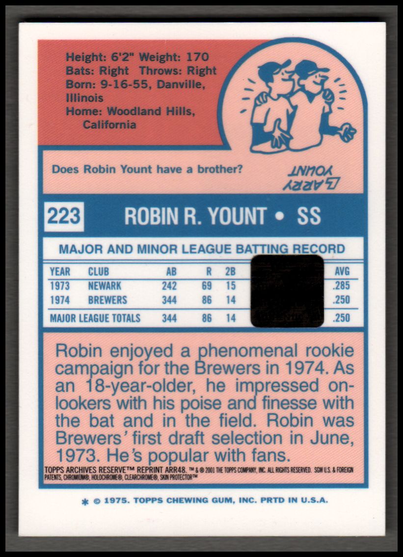 2001 Topps Archives Reserve Rookie Reprint Relics #ARR48 Robin Yount Bat back image