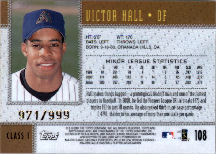 2001 Topps Gold Label Class 1 #108 Victor Hall SP RC back image