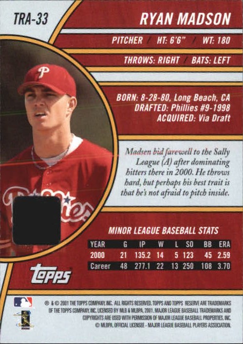 2001 Topps Reserve Rookie Autographs #TRA33 Ryan Madson A back image