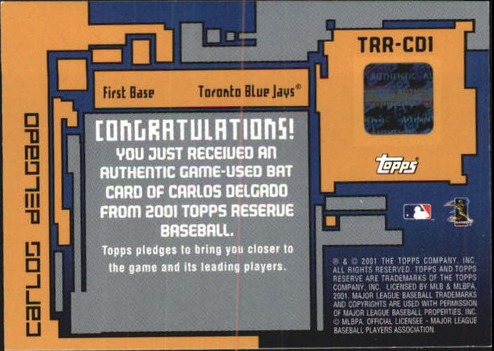 2001 Topps Reserve Game Bats #TRRCDI Carlos Delgado back image