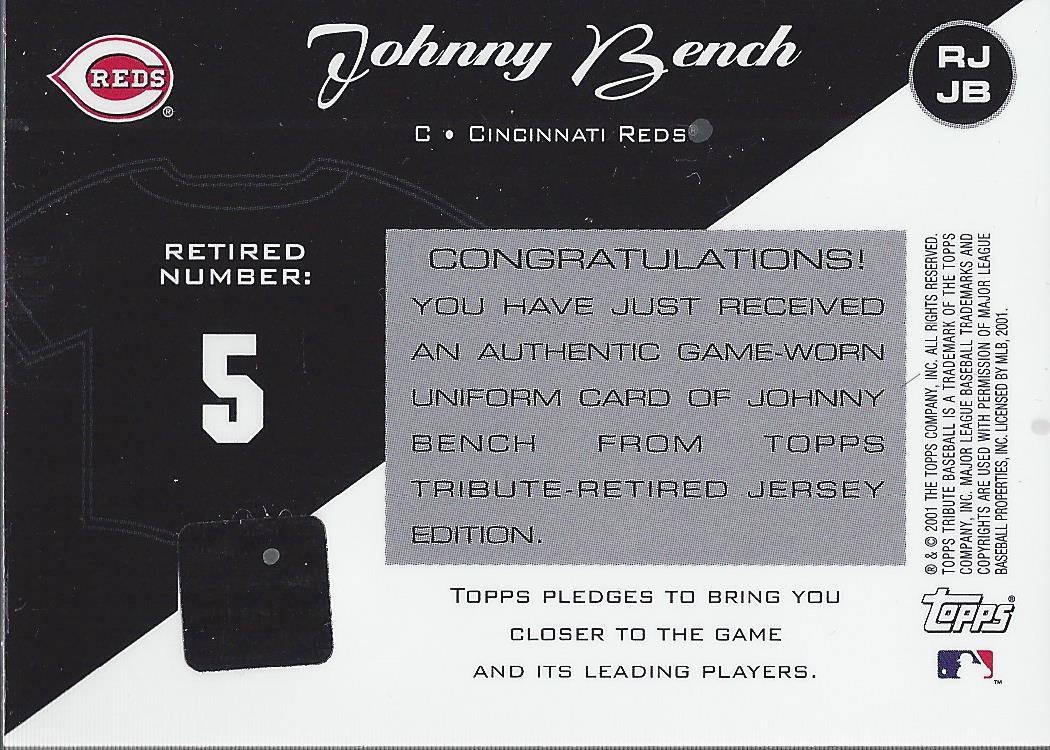 2001 Topps Tribute Game Worn Relics #RJJB Johnny Bench White 2 back image