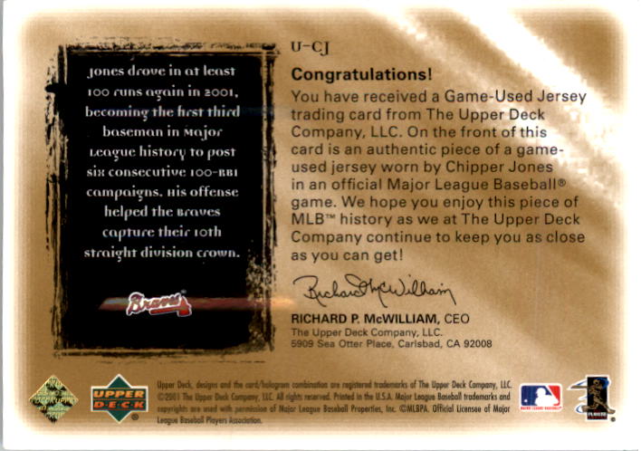 2001 Ultimate Collection Game Jersey Gold #U-CJ Chipper Jones