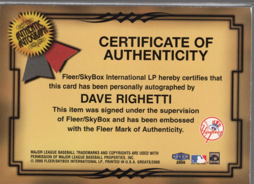 2001 Upper Deck Legends of NY Game Jersey Autograph #SYJDR Dave Righetti back image