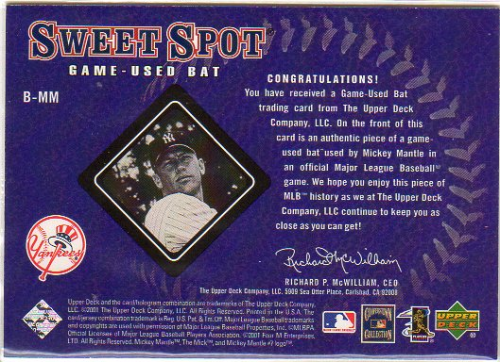 2001 Sweet Spot Game Bat #BMM Mickey Mantle back image