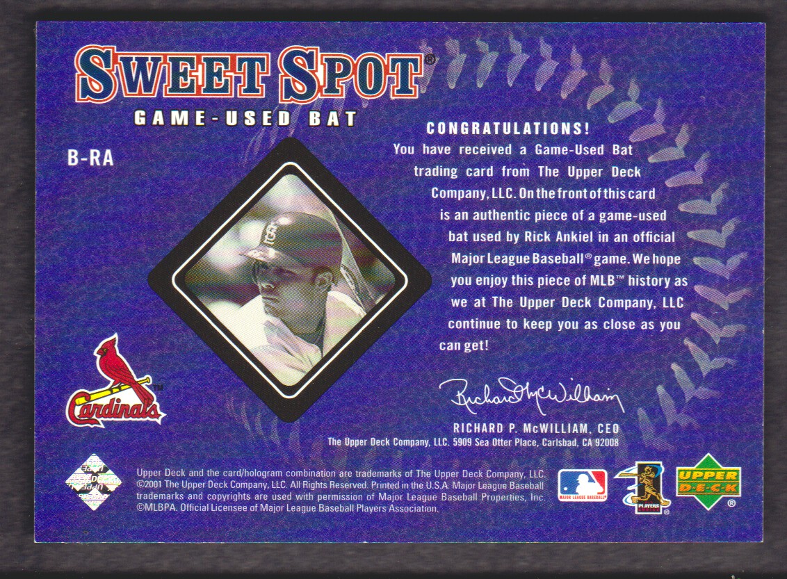 2001 Sweet Spot Game Bat #BRA Rick Ankiel back image
