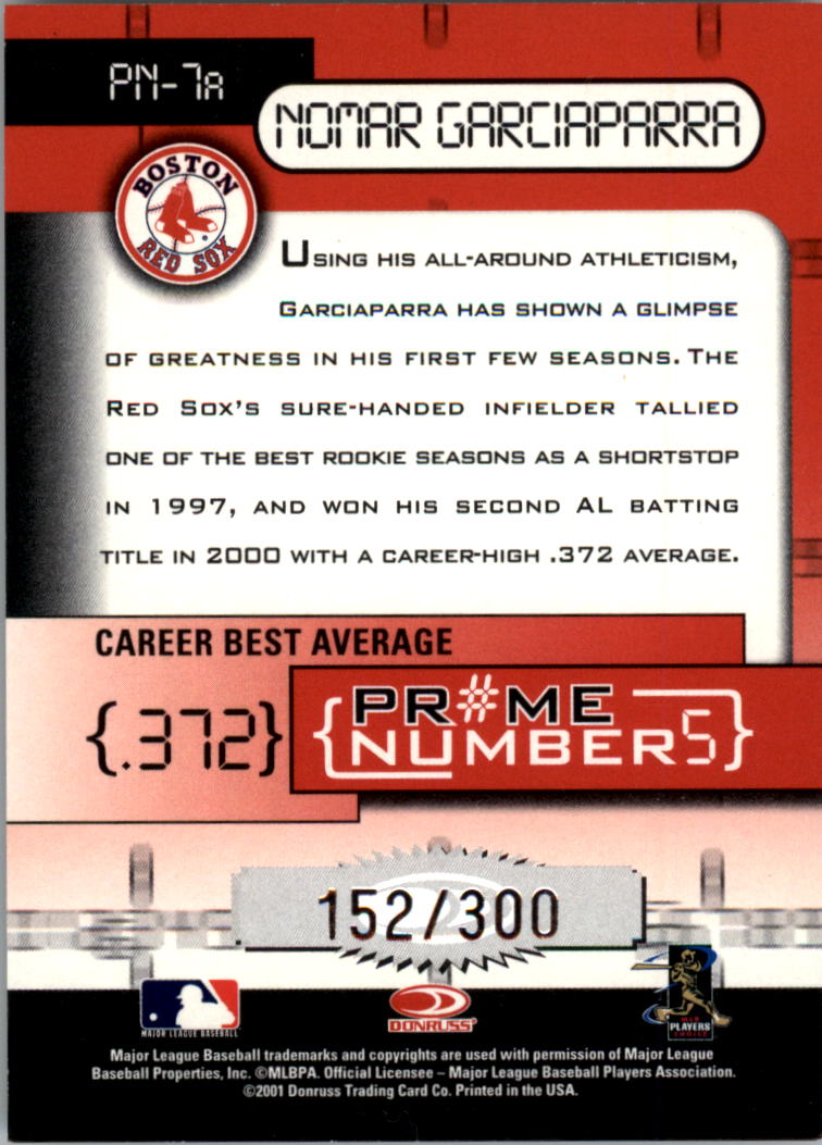 2001 Donruss Elite Prime Numbers #PN7A Nomar Garciaparra/300 back image