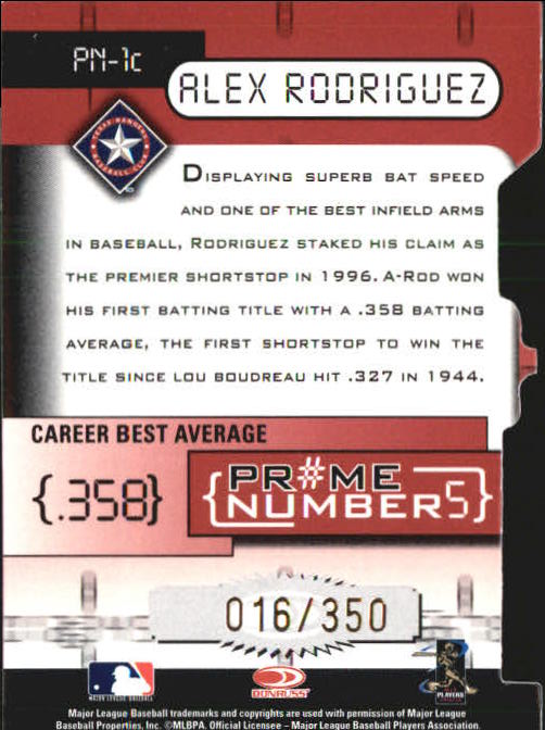 2001 Donruss Elite Prime Numbers Die Cuts #PN-1C Alex Rodriguez/350